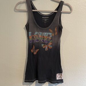 Vtg TRUE RELIGION Long Tank Top Black Tie Dye Y2K 90s Grunge Butterflies Bling M